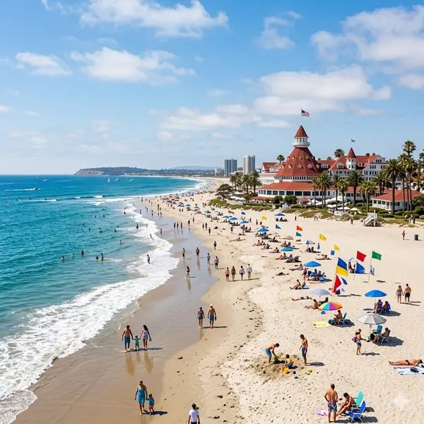 Coronado Beach wide sandy shore with Hotel del Coronado in background