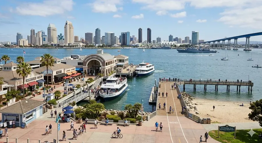 Coronado Ferry Landing with San Diego skyline and Coronado Bridge