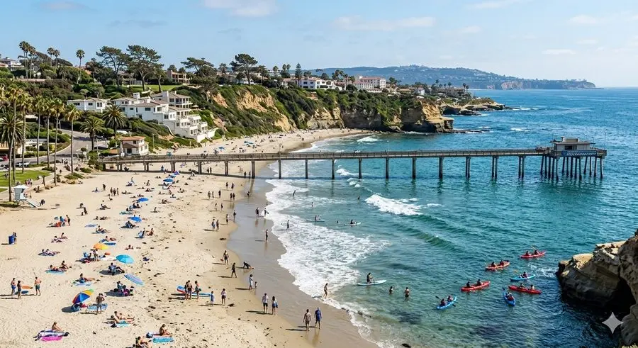 La Jolla Shores calm beach with kayakers and swimmers