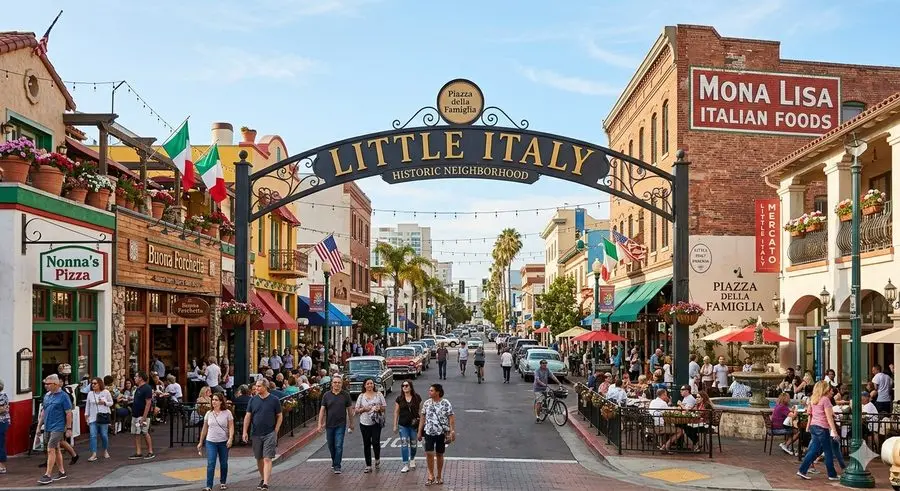 Little Italy San Diego — India Street with restaurants and Piazza della Famiglia
