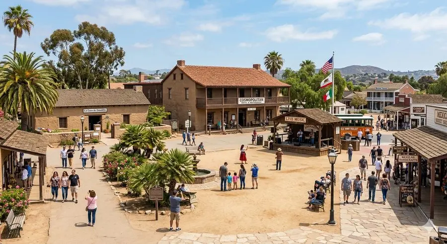 Old Town San Diego State Historic Park with adobe buildings and live music
