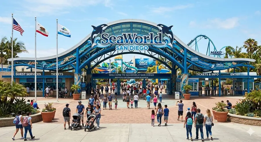SeaWorld San Diego entrance with roller coasters and marine exhibits
