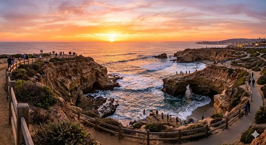 Sunset Cliffs Natural Park — golden sunset over the Pacific Ocean