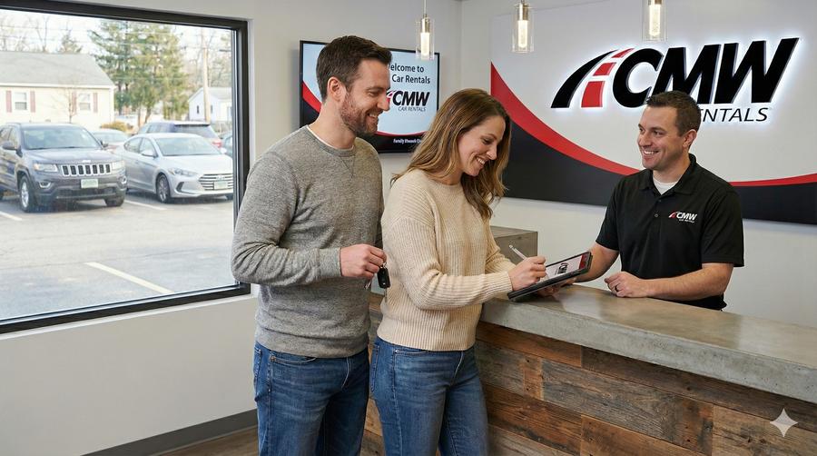 Happy couple picking up their rental car from CMW staff in San Diego